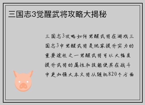 三国志3觉醒武将攻略大揭秘